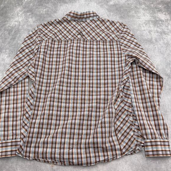 Prana Shirt Men‎ Medium Orange Brown Plaid Slim Fit Western Cowboy Snap Cotton - Picture 10 of 12
